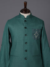 Green cotton blend embellished festive waistcoat set