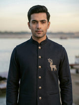 Navy cotton blend zardosi deer motif festive waistcoat