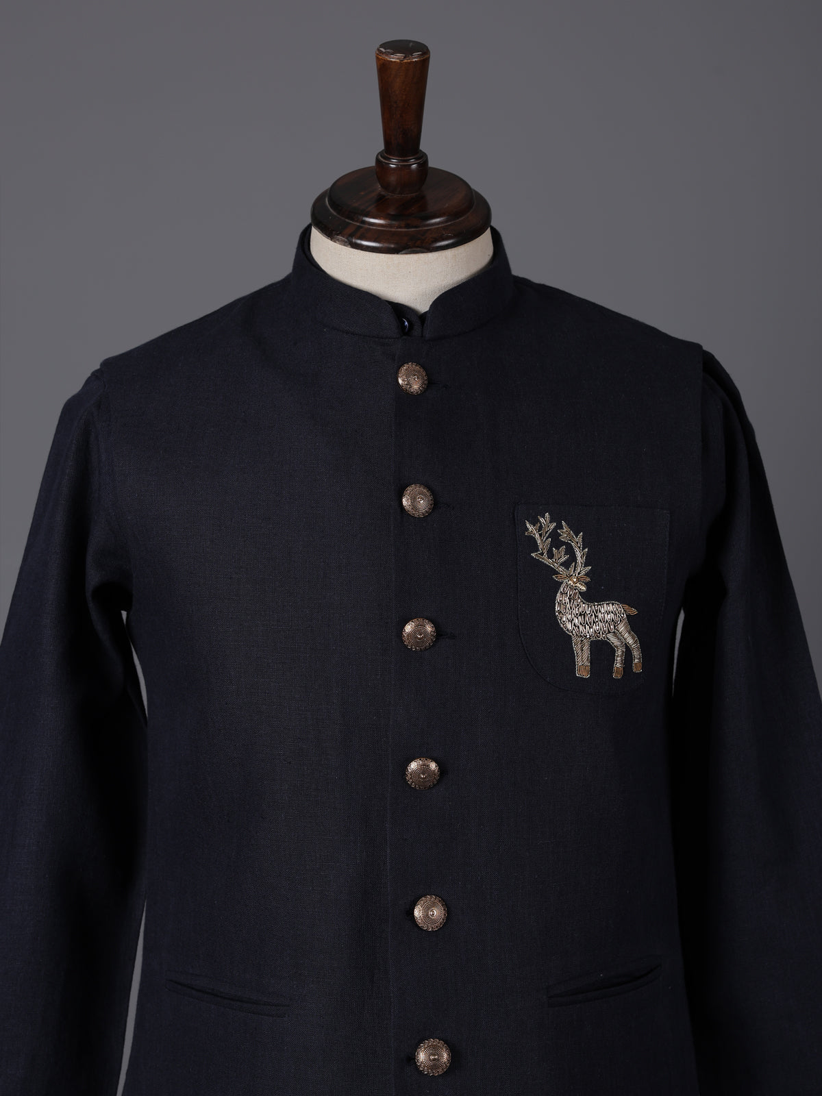 Navy cotton blend zardosi deer motif festive waistcoat