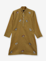 Mustard yellow cotton linen thread work festive boys kurta set