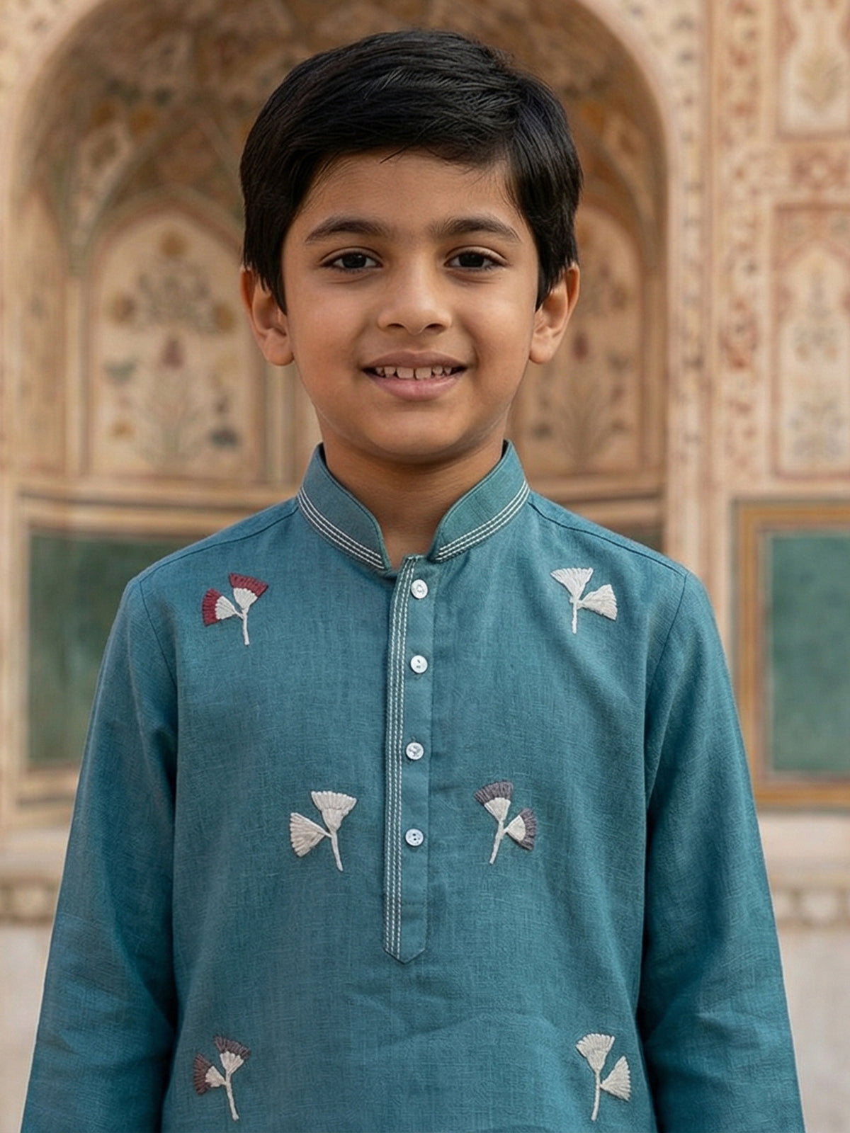 Stone blue cotton linen thread work festive boys kurta set