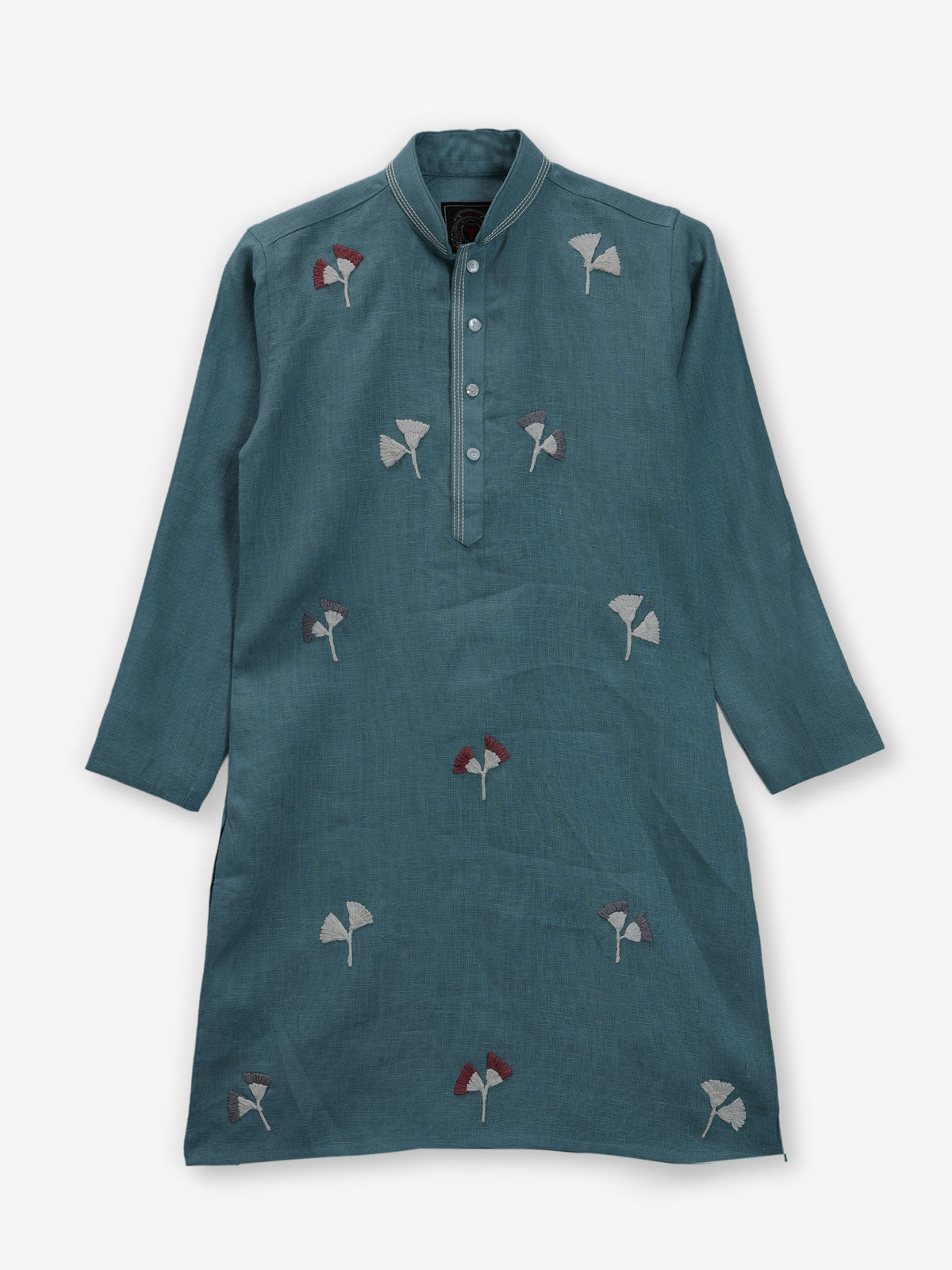 Stone blue cotton linen thread work festive boys kurta set