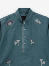 Stone blue cotton linen thread work festive boys kurta set