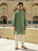 Pista green cotton linen embroidered festive boys kurta set