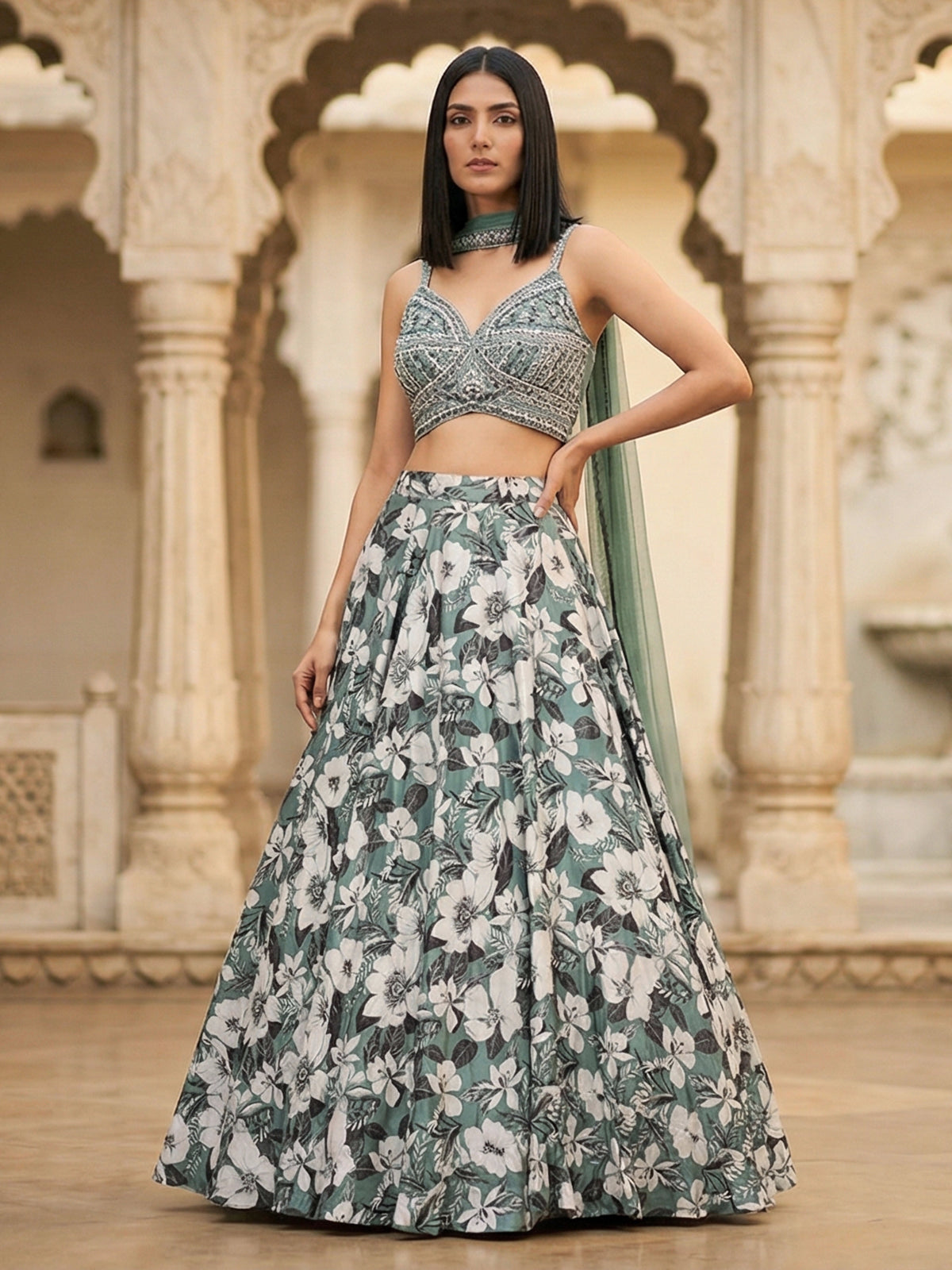 Sage green silk floral zardosi mirror lehenga choli