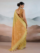 Lemon yellow viscose cotton saree with unstitched blouse