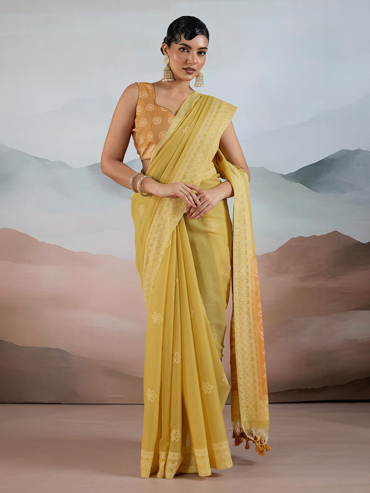 Lemon yellow viscose cotton saree with unstitched blouse