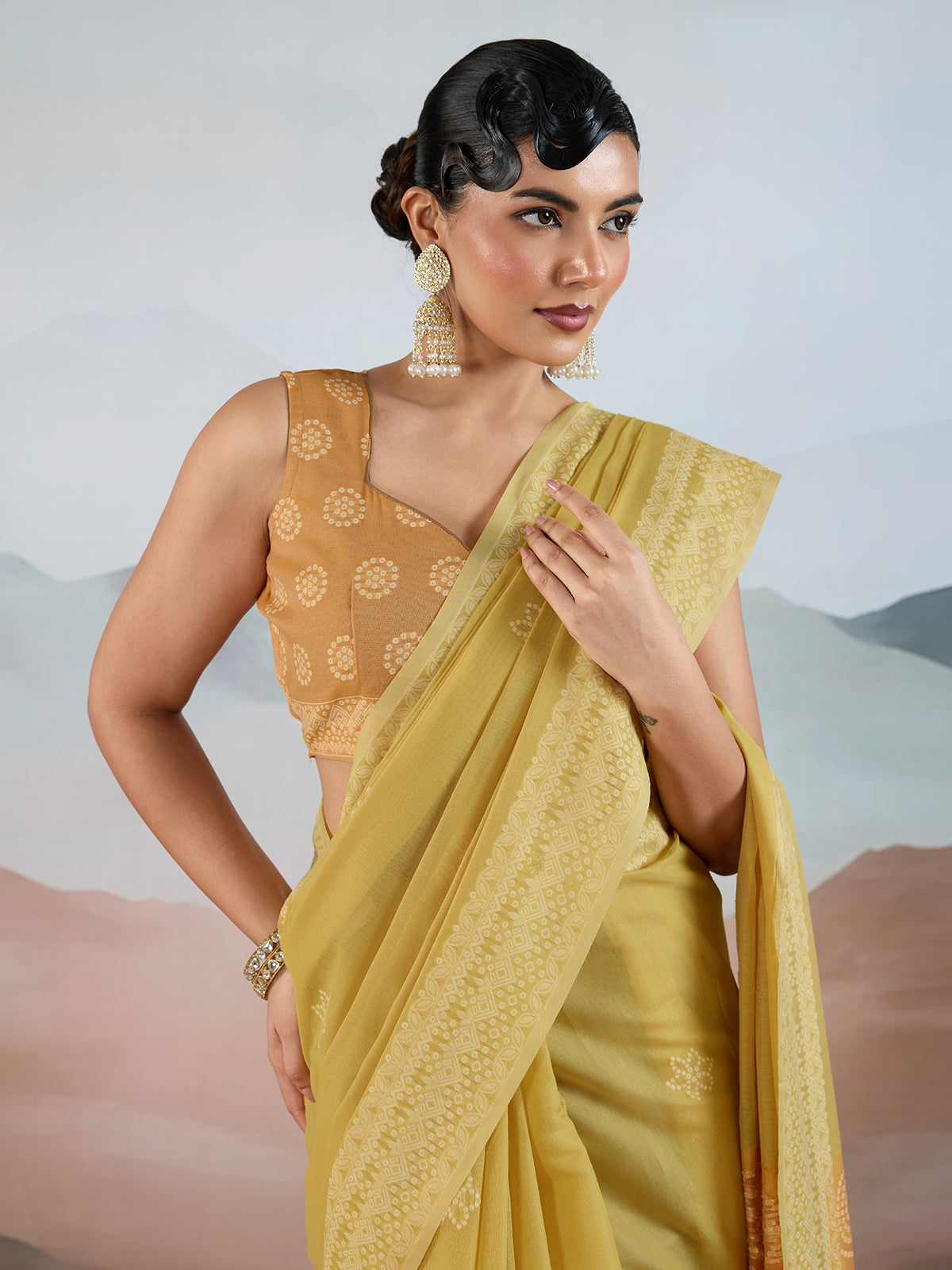 Lemon yellow viscose cotton saree with unstitched blouse