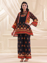 Black printed crepe silk sequins designer co ord set