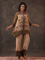 Beige printed silk sequins elegant co ord set