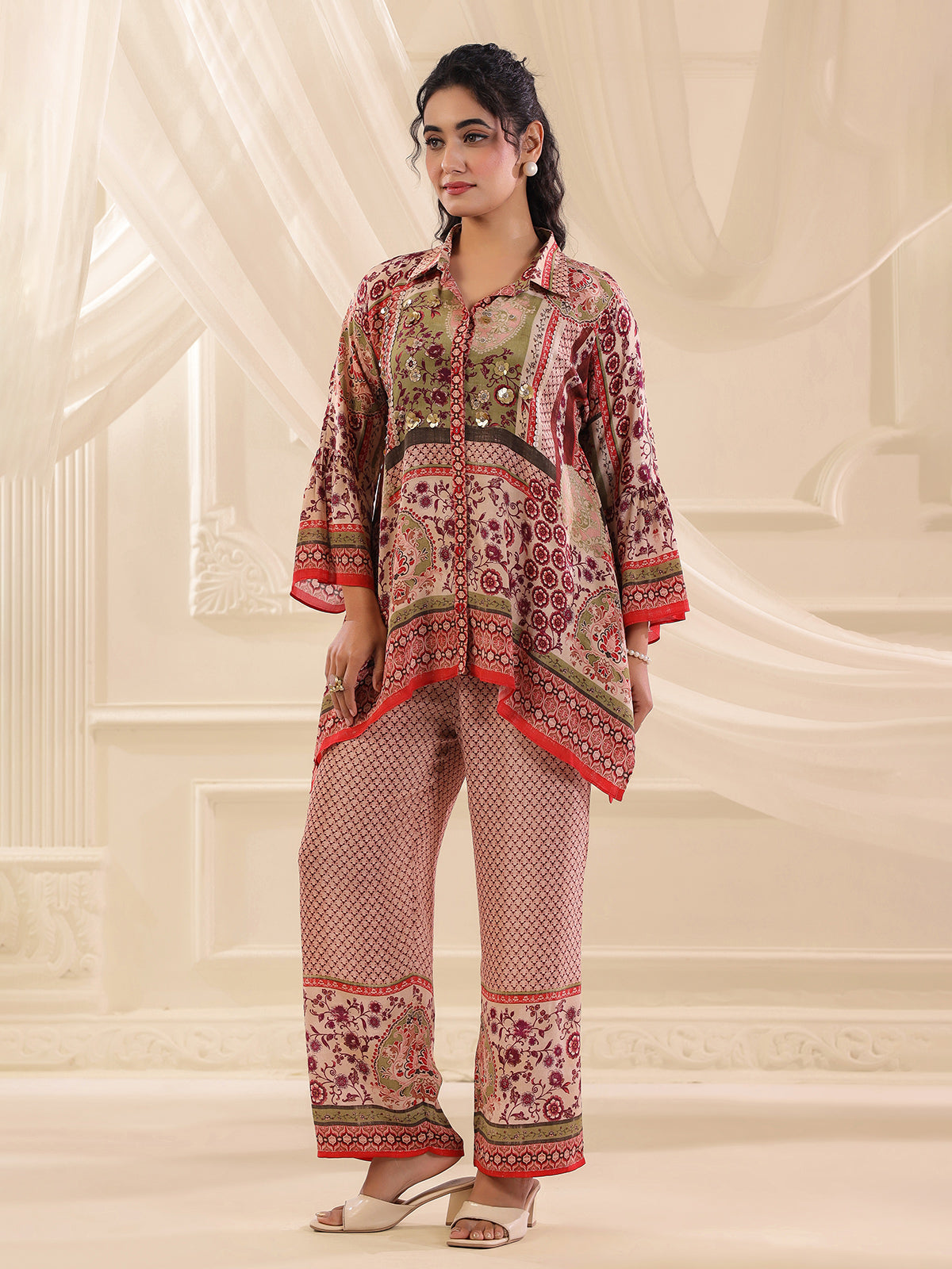 Beige printed silk collar neck co ord set
