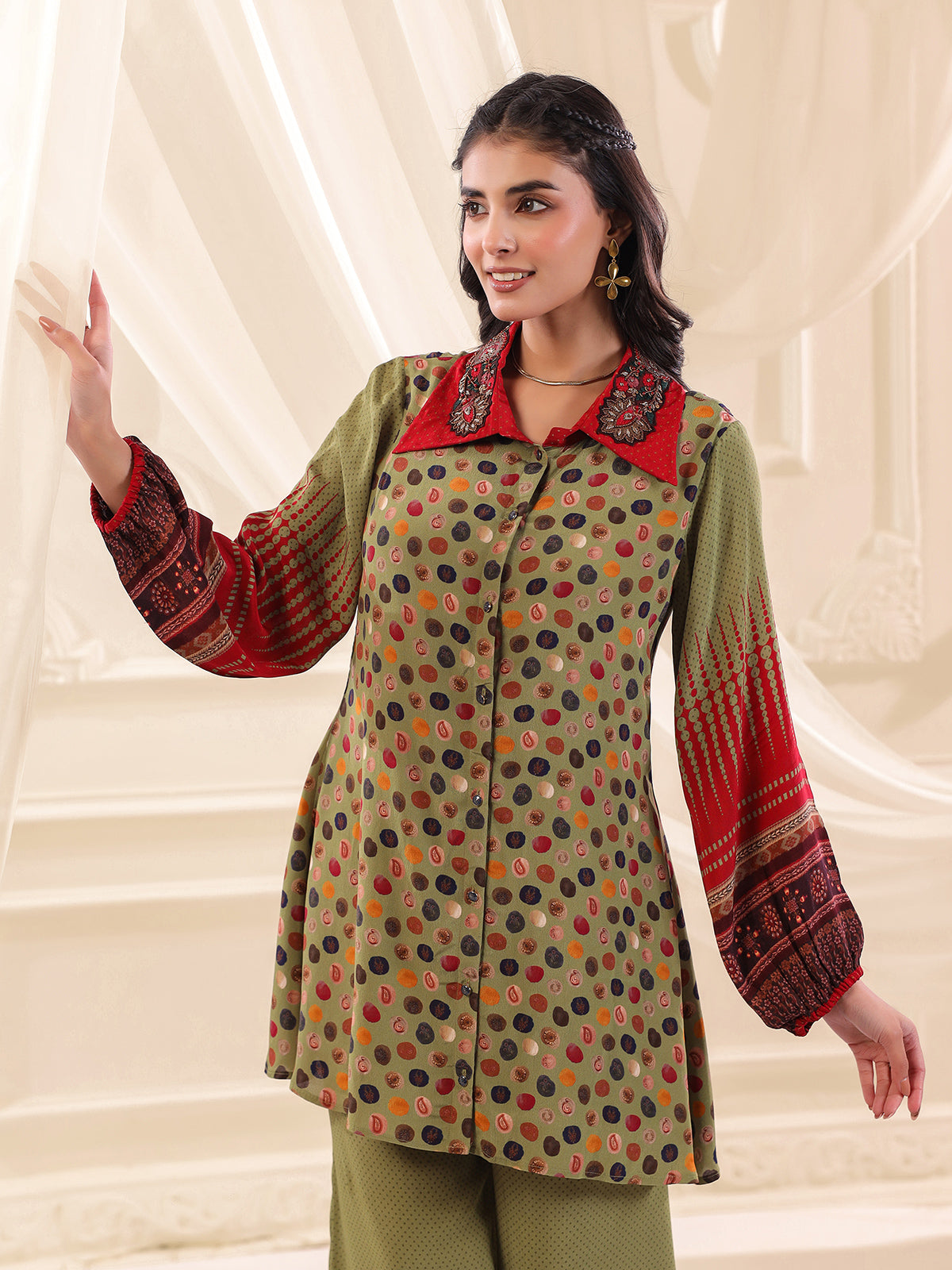 Mehendi green printed silk zardosi co ord set
