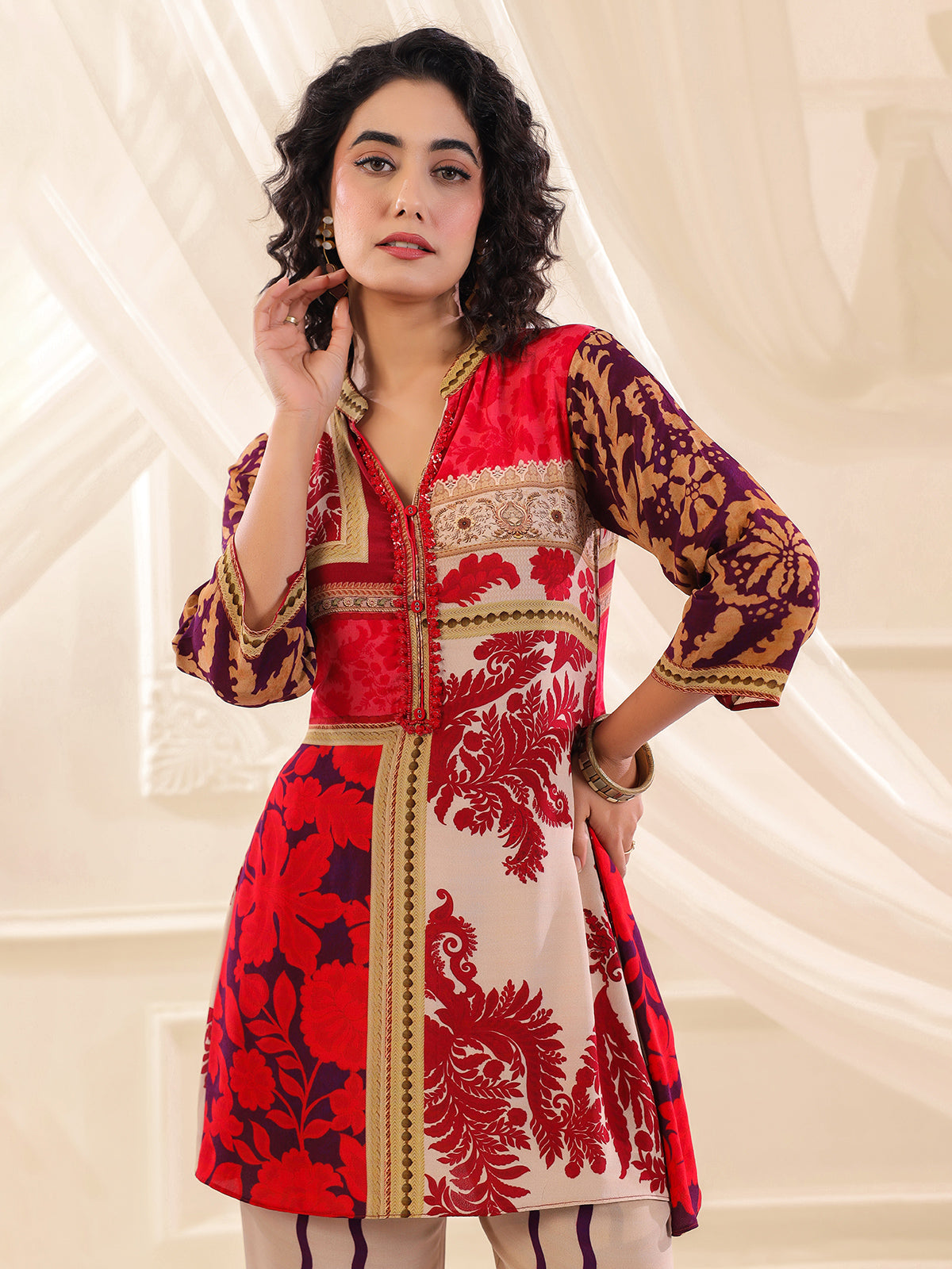 Beige red printed silk festive co ord set