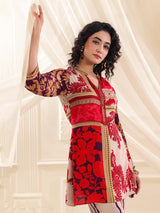 Beige red printed silk festive co ord set