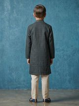 Dark green checks cotton silk festive kurta suit