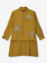 Mustard yellow silk waistcoat set for boys festive wear