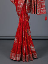 Red bandhej silk printed gota and zari festive saree