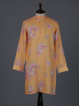 Bright peach cotton linen floral printed festive kurta
