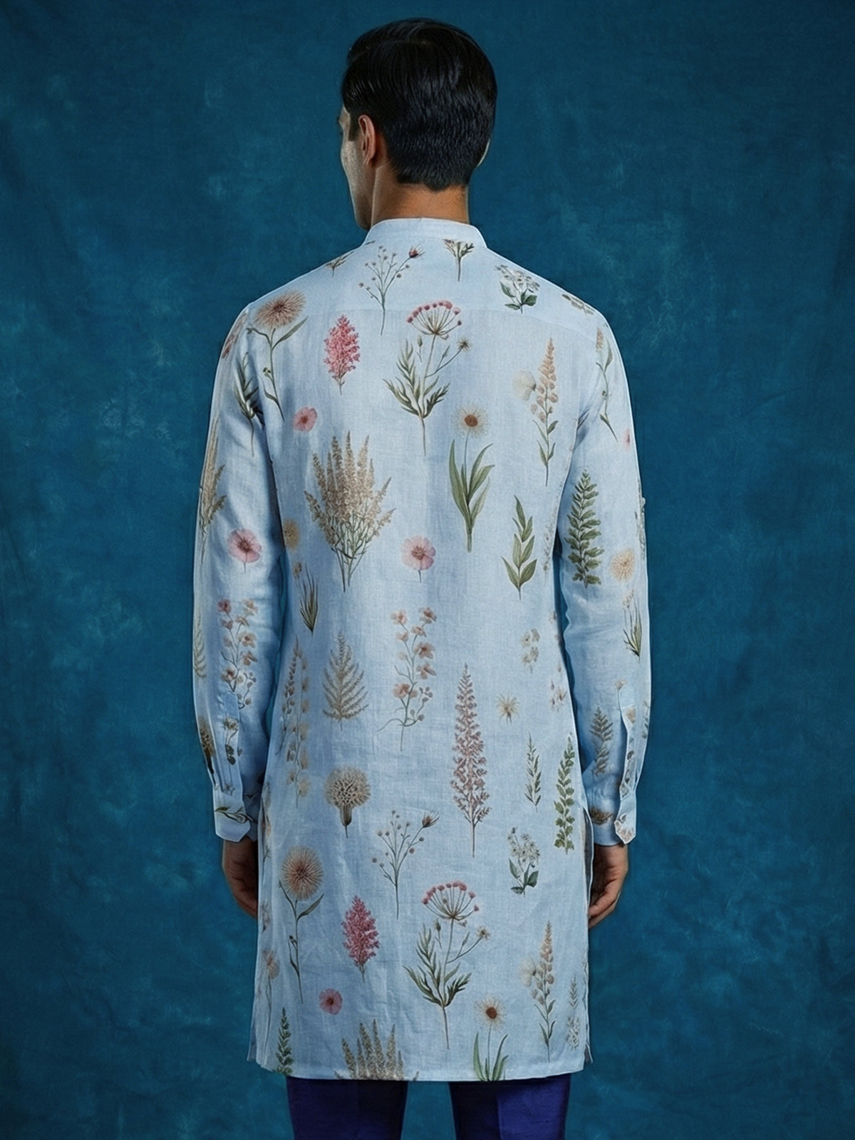 Sky blue cotton linen floral printed festive kurta