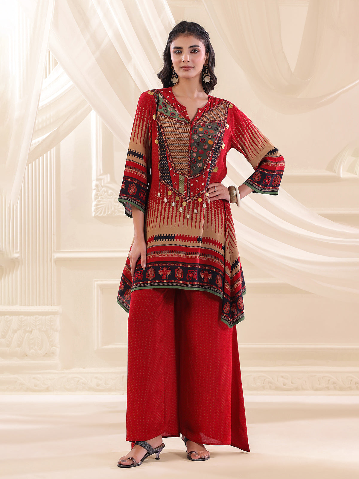 Red crepe silk printed yoke style palazzo set