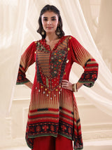 Red crepe silk printed yoke style palazzo set