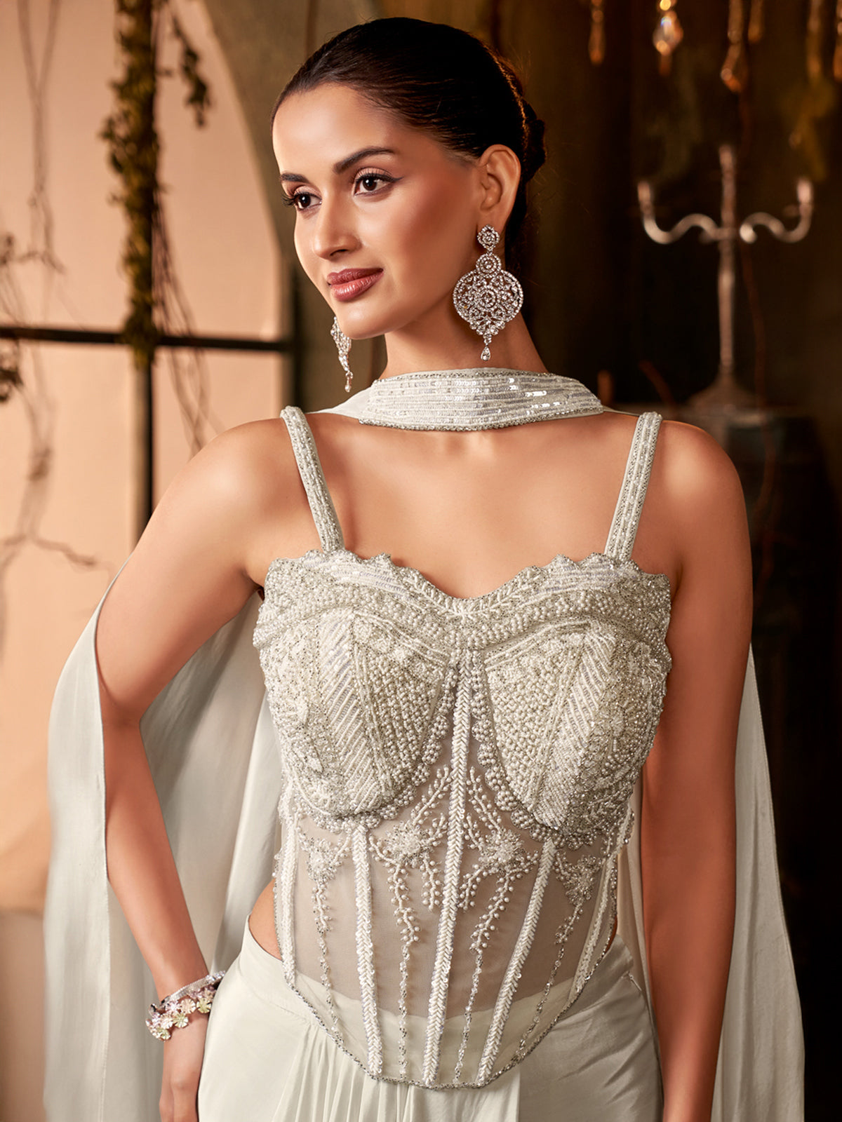 Light grey reception wear crepe silk lehenga choli