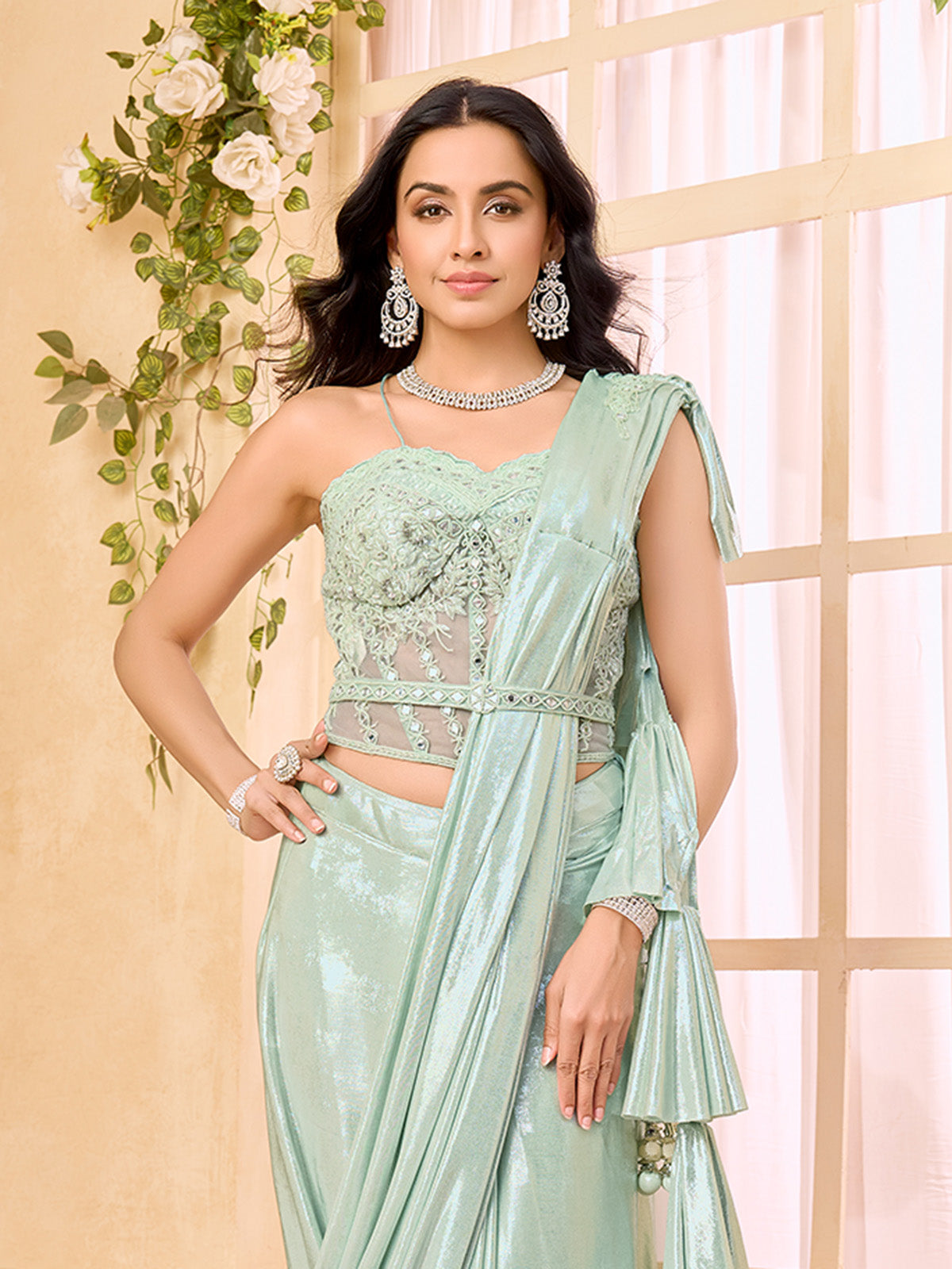 Mint green lycra ready to wear saree