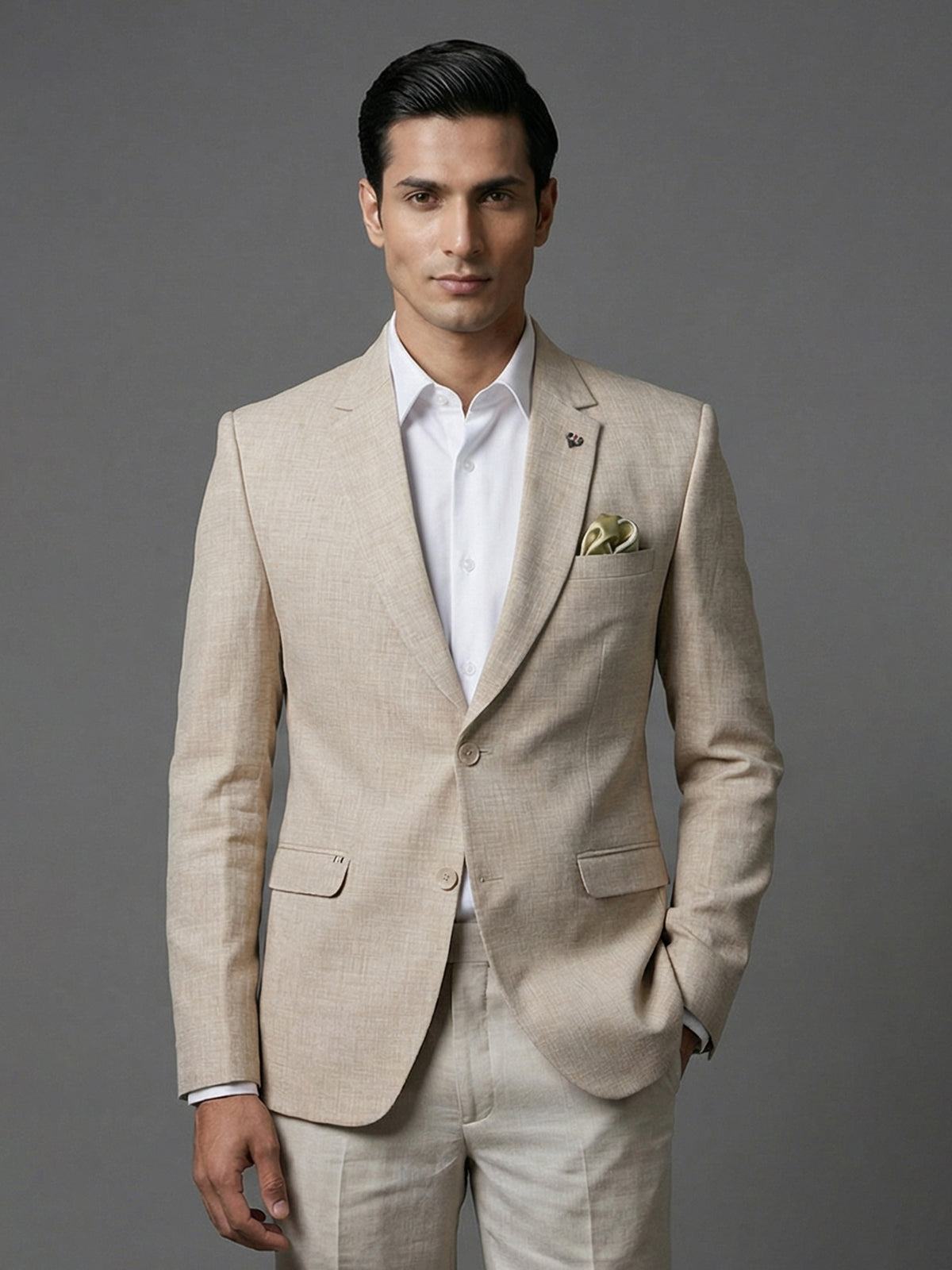 Beige terry rayon elegant two button formal blazer