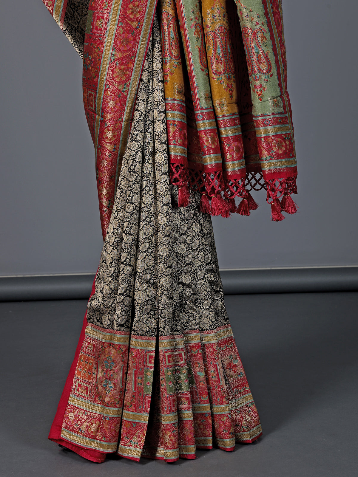 Black dola silk colorful zari motif festive saree