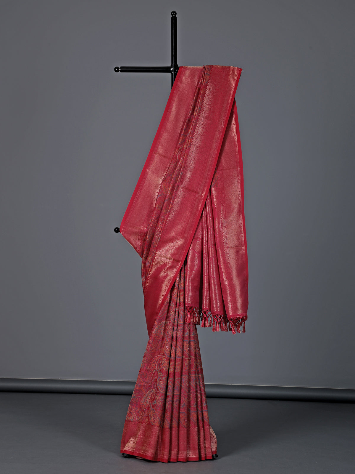 Rani pink art pashmina silk zari motif saree