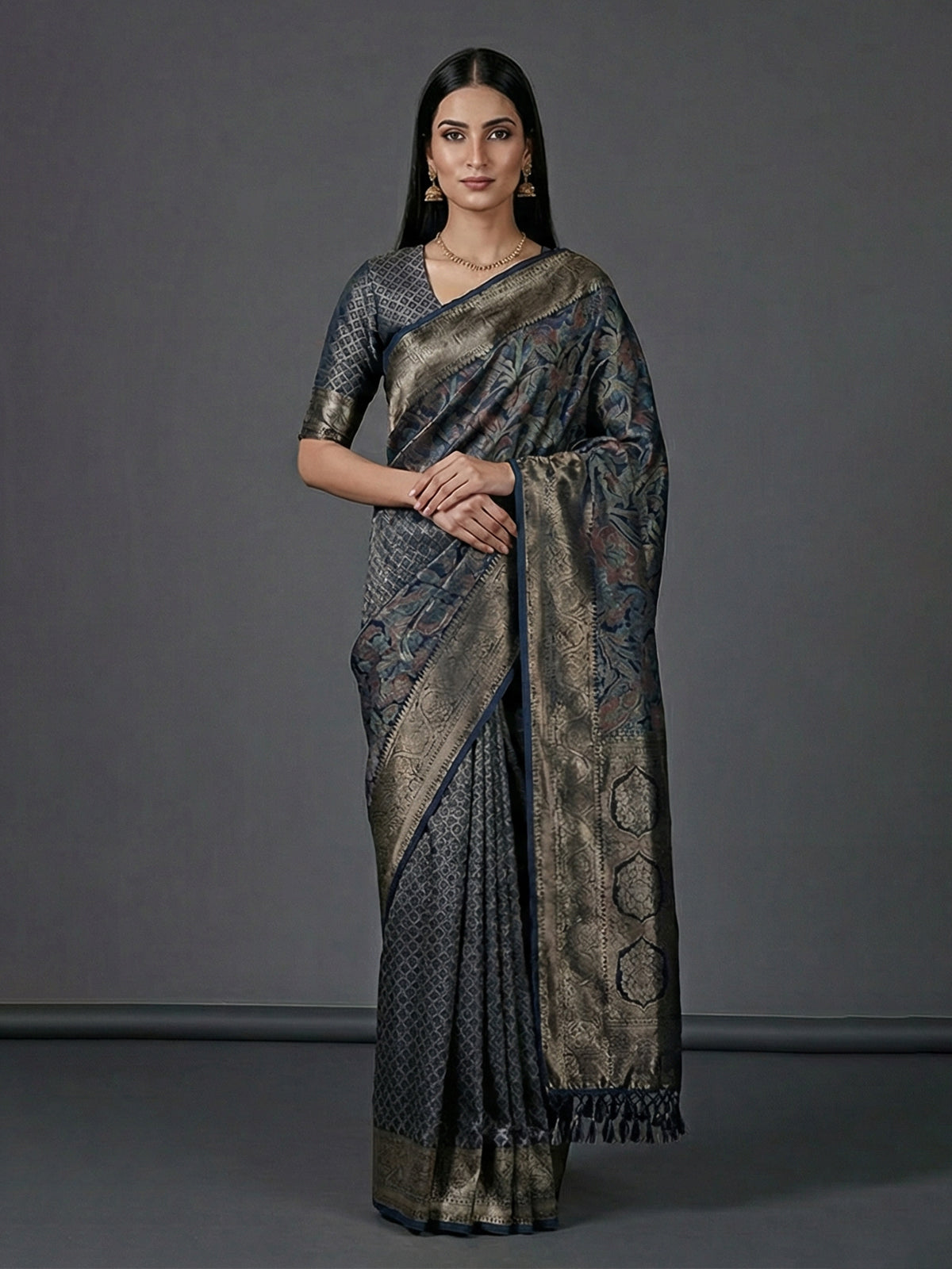 Navy blue art pashmina silk festive zari saree