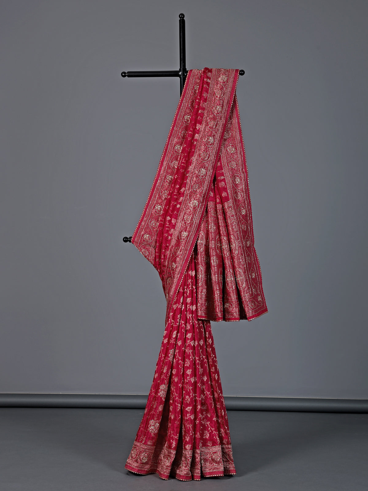 Maroon dola silk zari work wedding saree