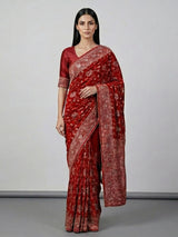 Red dola silk traditional festive embellished saree