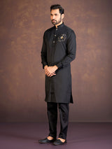 Black satin cotton lycra pathani suit for reception
