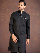 Black satin cotton lycra pathani suit for reception