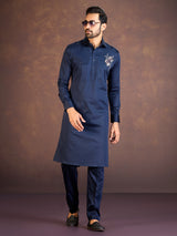 Navy satin cotton lycra pathani suit for fetive celebration