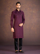 Maroon satin cotton lycra pathani suit with two chest pocket