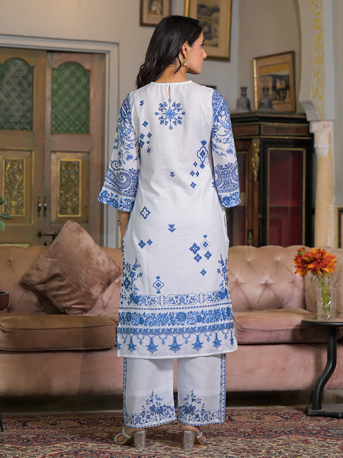 White cotton linen floral printed kurti set with dupatta