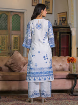 White cotton linen floral printed kurti set with dupatta