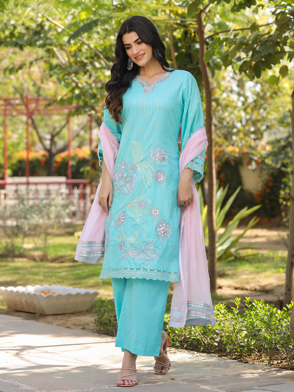 Aqua blue cotton silk pakistani style festive palazzo set