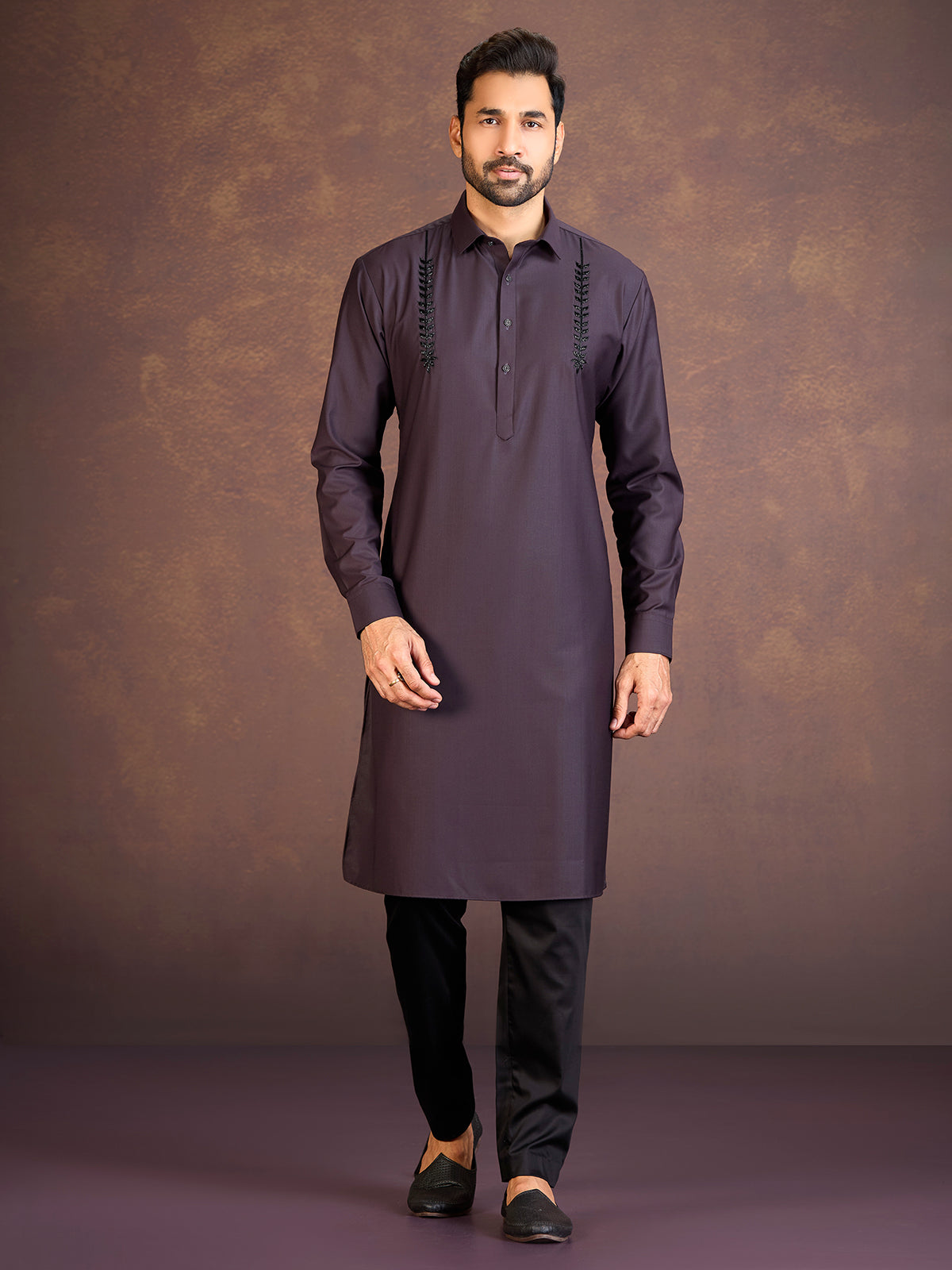 Wine plain satin cotton lycra pathani suit
