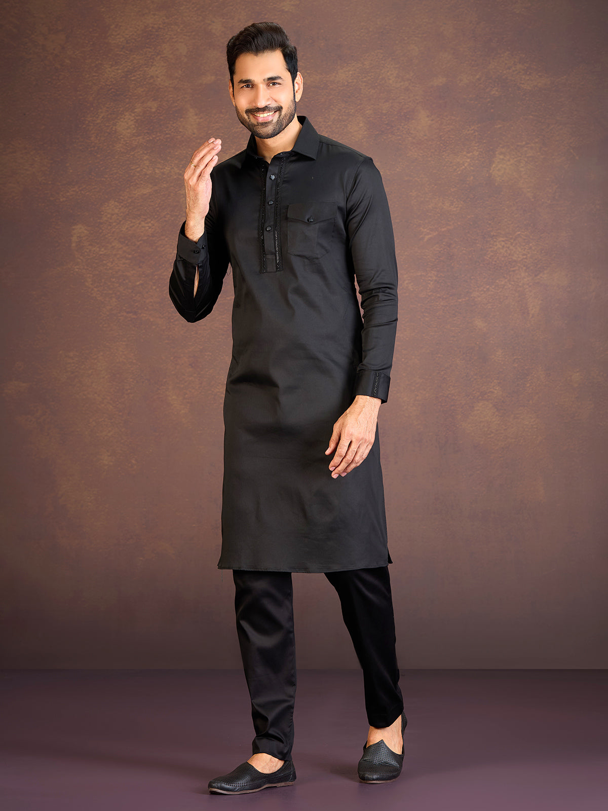 Black satin cotton lycra pathani suit with one chest pocket