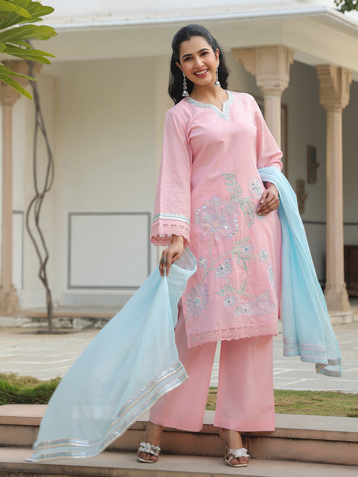 Pink cotton silk pakistani style festive palazzo set