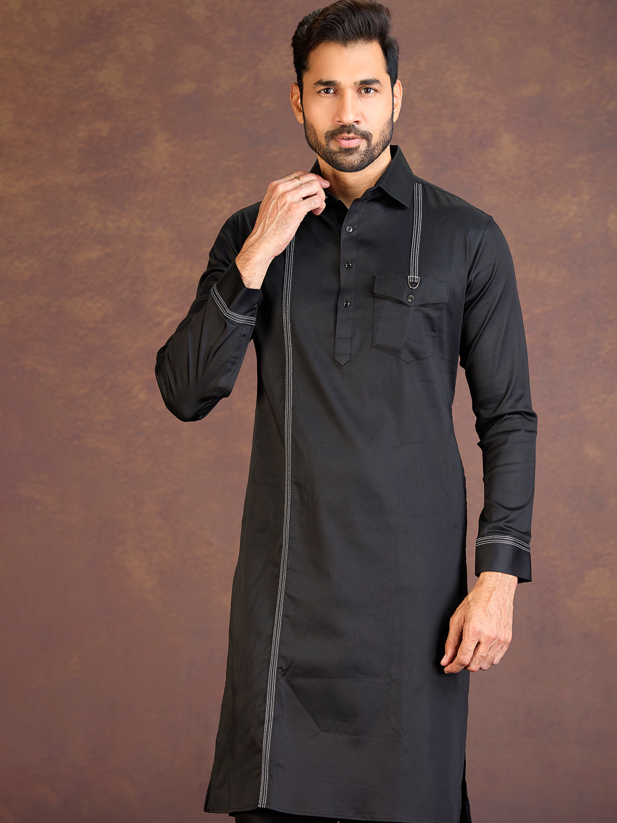 Black satin cotton lycra pathani suit for men