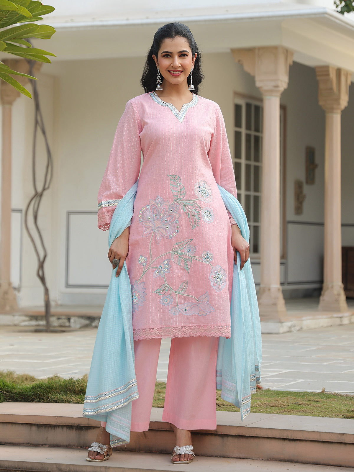 Pink cotton silk pakistani style festive palazzo set