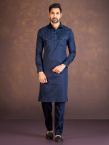 Navy satin cotton lycra pathani suit for men