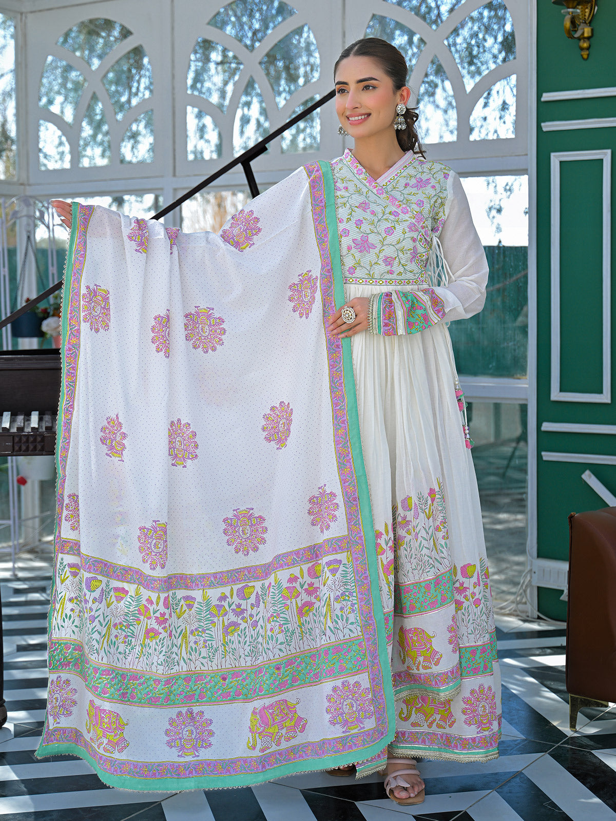 White cotton linen printed anarkali festive set with dupatta