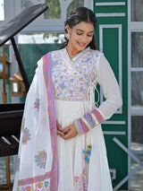 White and purple cotton linen printed anarkali festive set