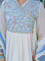 White and blue cotton linen printed anarkali festive set