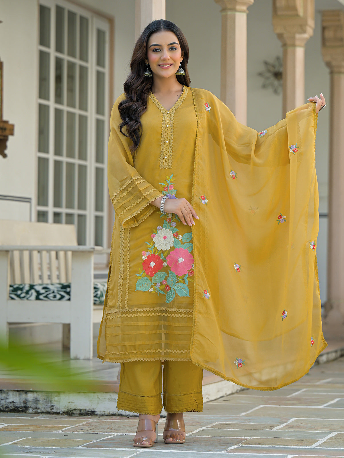 Mehendi olive tissue silk festive palazzo set with dupatta